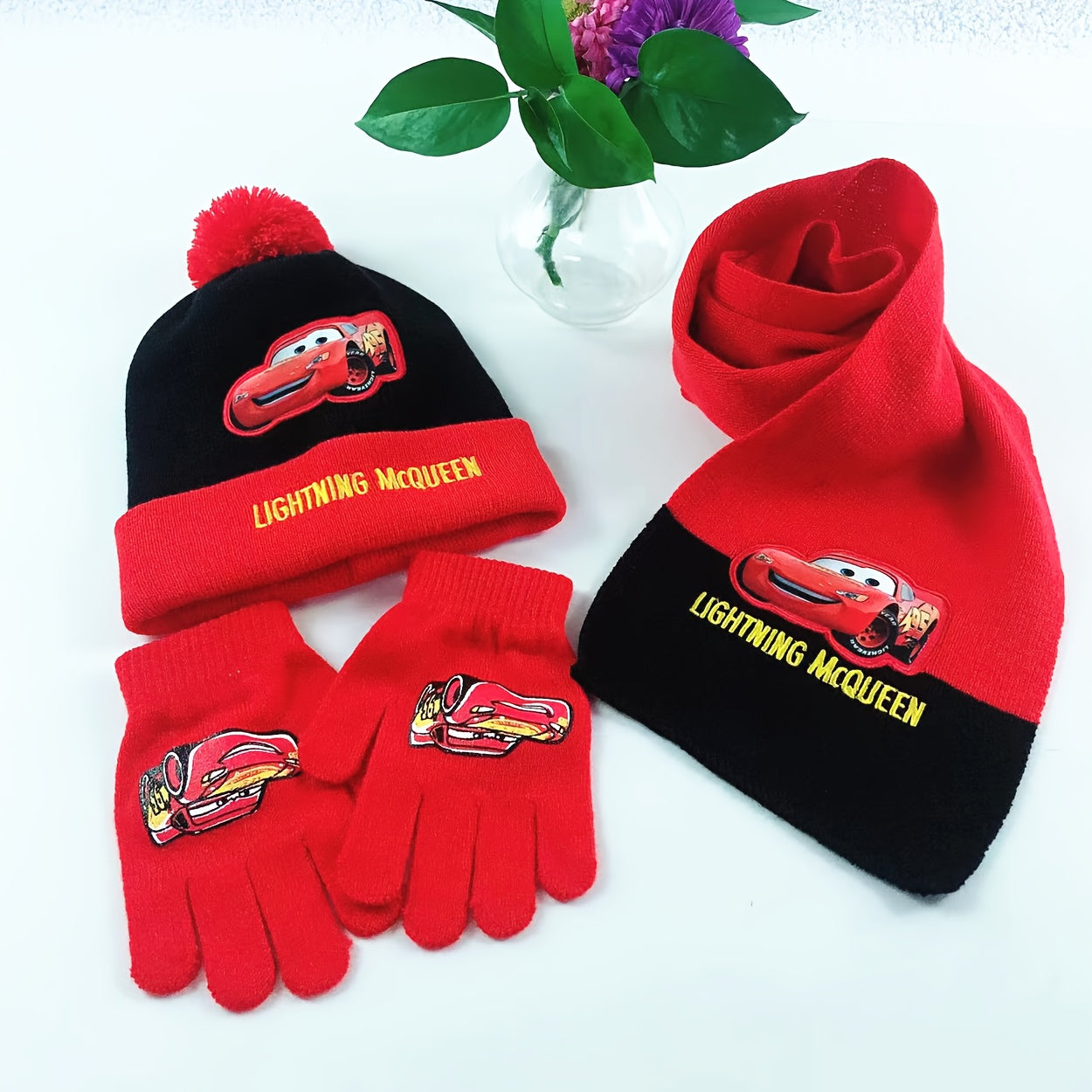 Set with Winter Design for Kids for Beanie, Gloves, and Scarf Set with Cartoon Characters