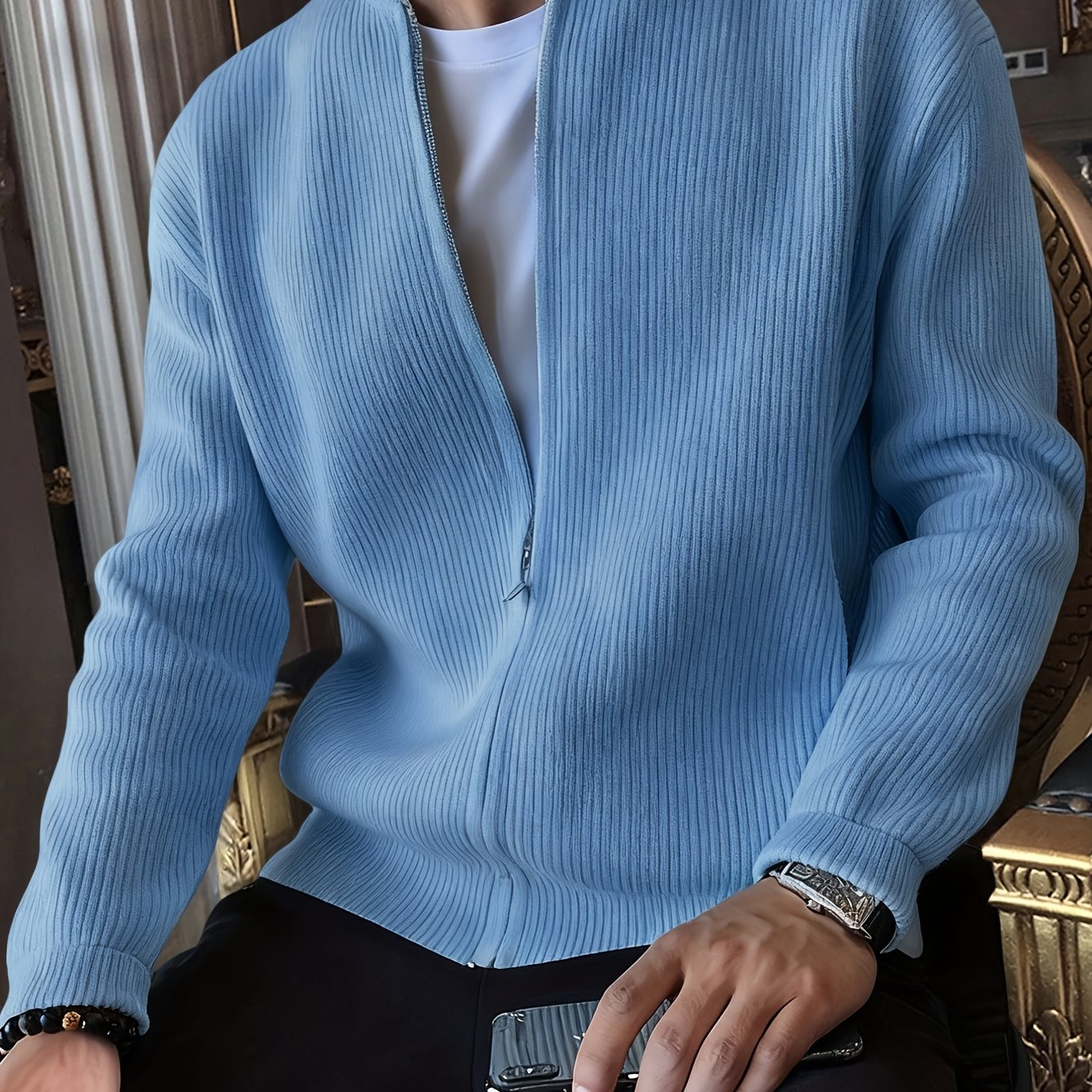 Men's Ribbed Zip-Up Cardigan for Relaxed Fit for Autumn and Winter