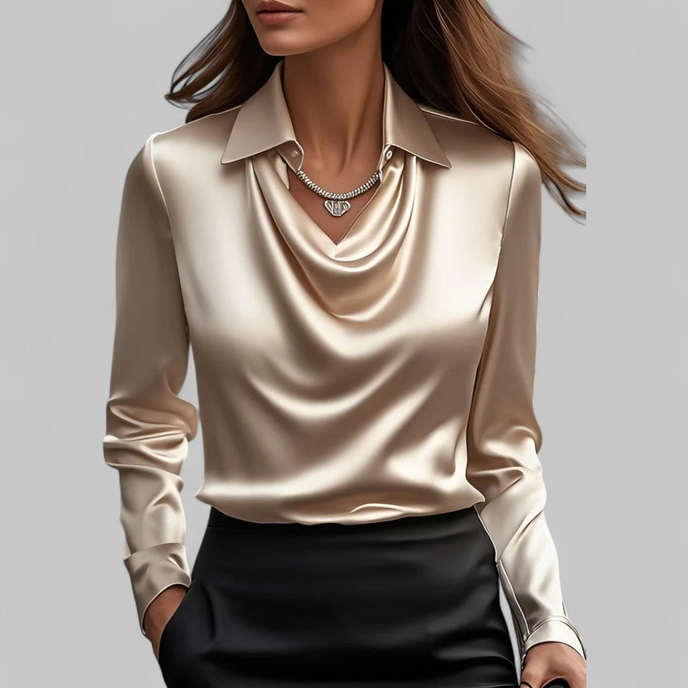 Ladies Satin Blouse with Waterfall Neckline and Long Sleeves