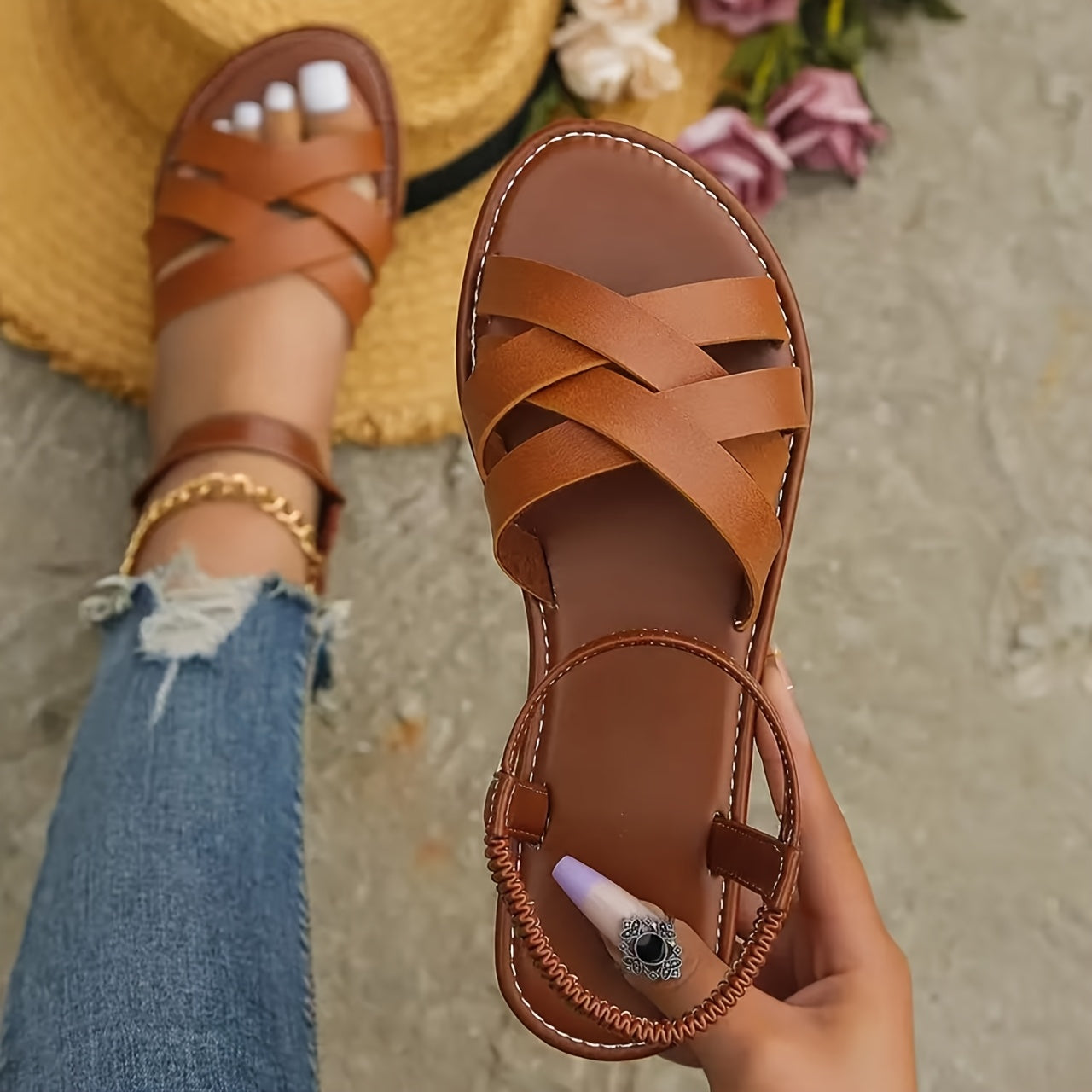 Sandals with Elegant Ladies' Crossed Straps and Comfortable Flat Sole