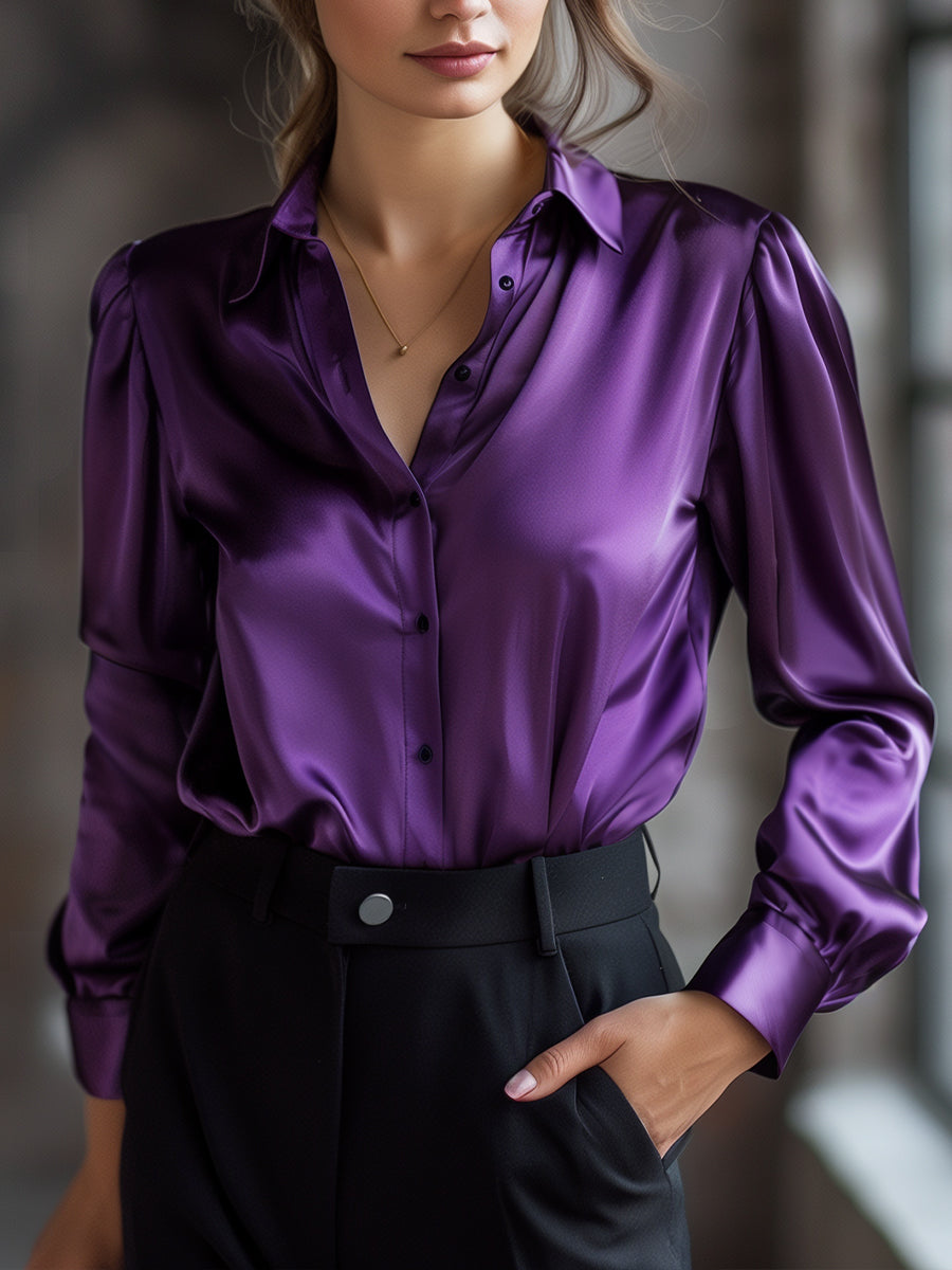 Satin Ladies' Blouse with Long Sleeves and Notched Collar for Elegant and Comfortable