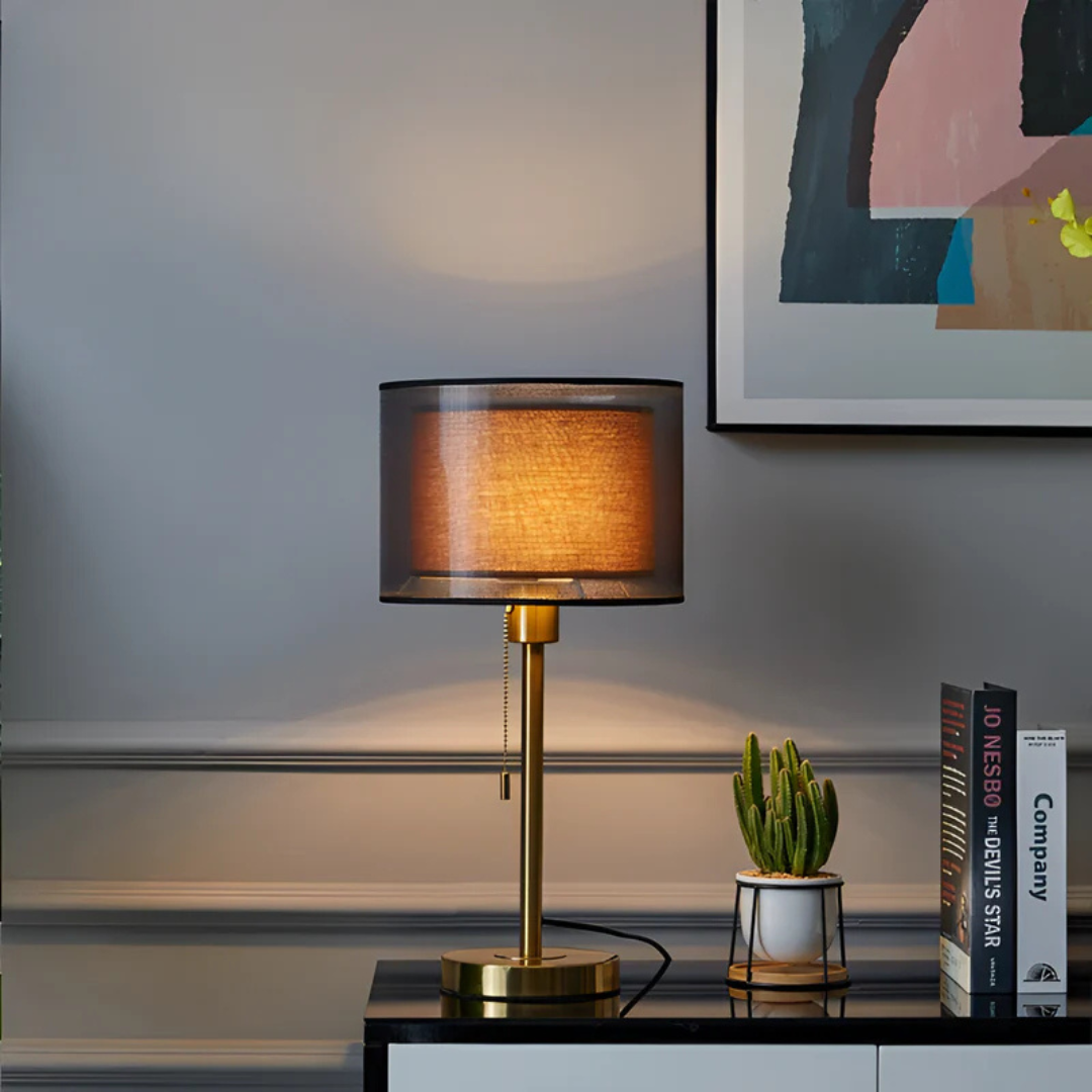 Table Lamp with Vintage Double Fabric Shade for Warm Ambient Light LED