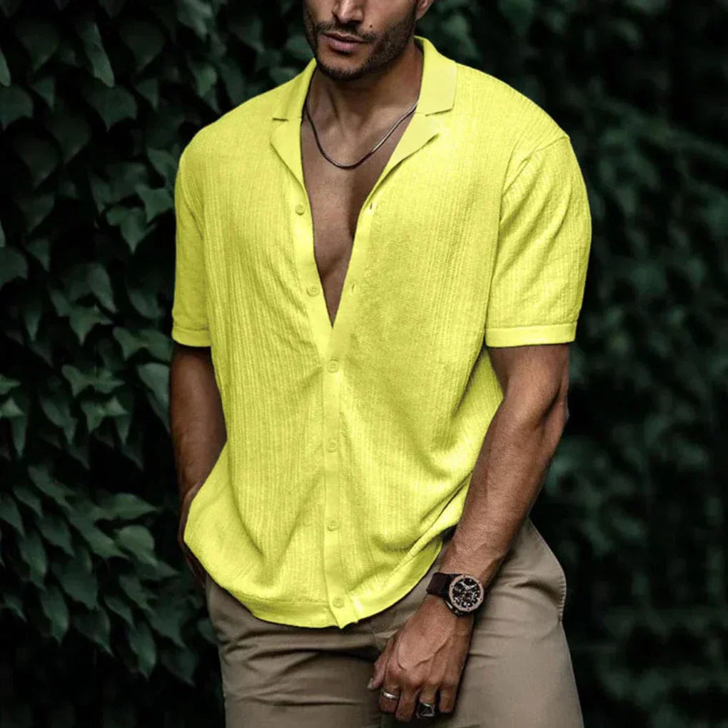 Linen Shirt for Men with Button Closure and Breathable Knit