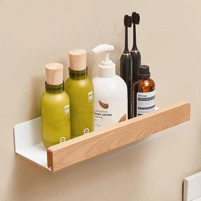 Organiser with Wooden Bathroom Without Drilling with Practical and Natural Design