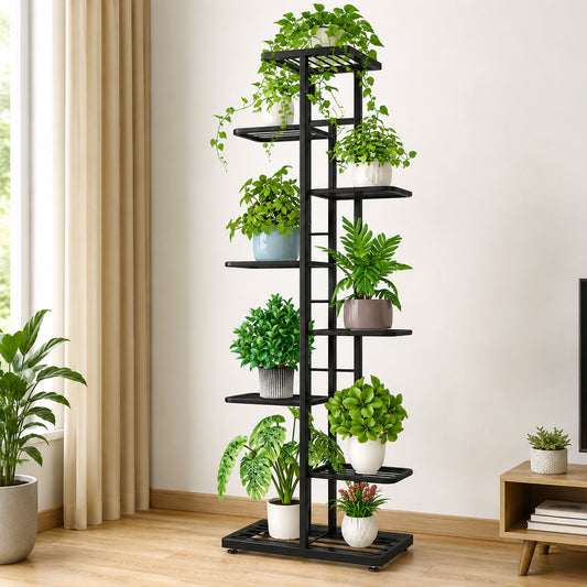 8-tier metal plant stand displaying nine potted plants