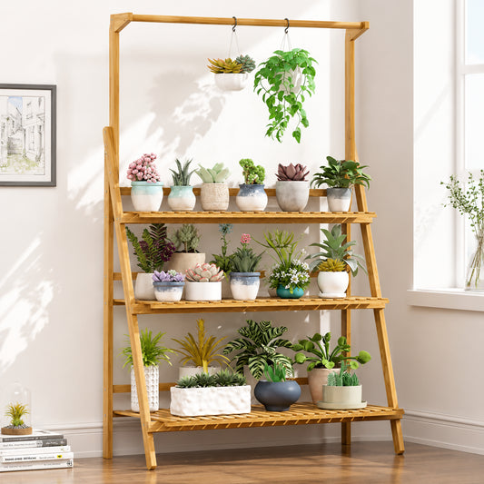 Folding Bamboo Plant Stand with Hanging Rack