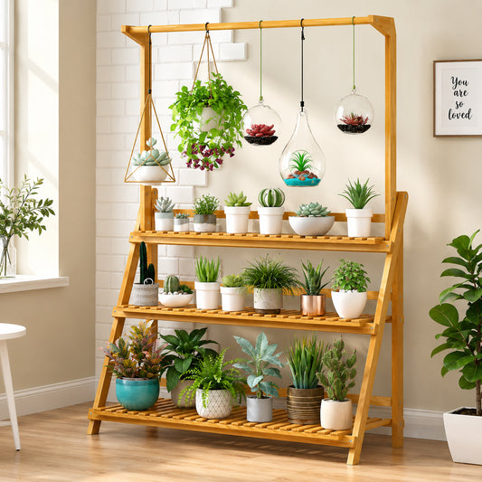 Folding Bamboo Plant Stand with Hanging Rack
