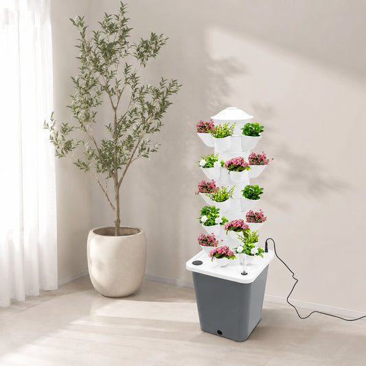 Grey hydroponic tower growing system with 25 planting holes