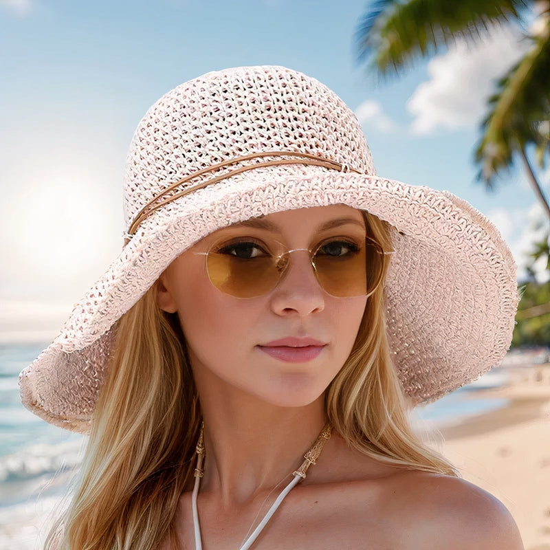 Ladies' Sun Hat with Wide Brim and Woven Straw Design