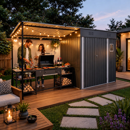 Metal outdoor storage shed with attached open-sided pergola