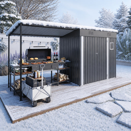 Attached hardtop pergola beside outdoor storage shed