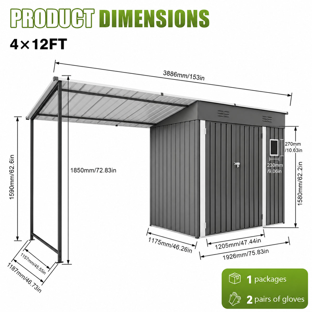 Metal outdoor storage shed with attached open-sided pergola