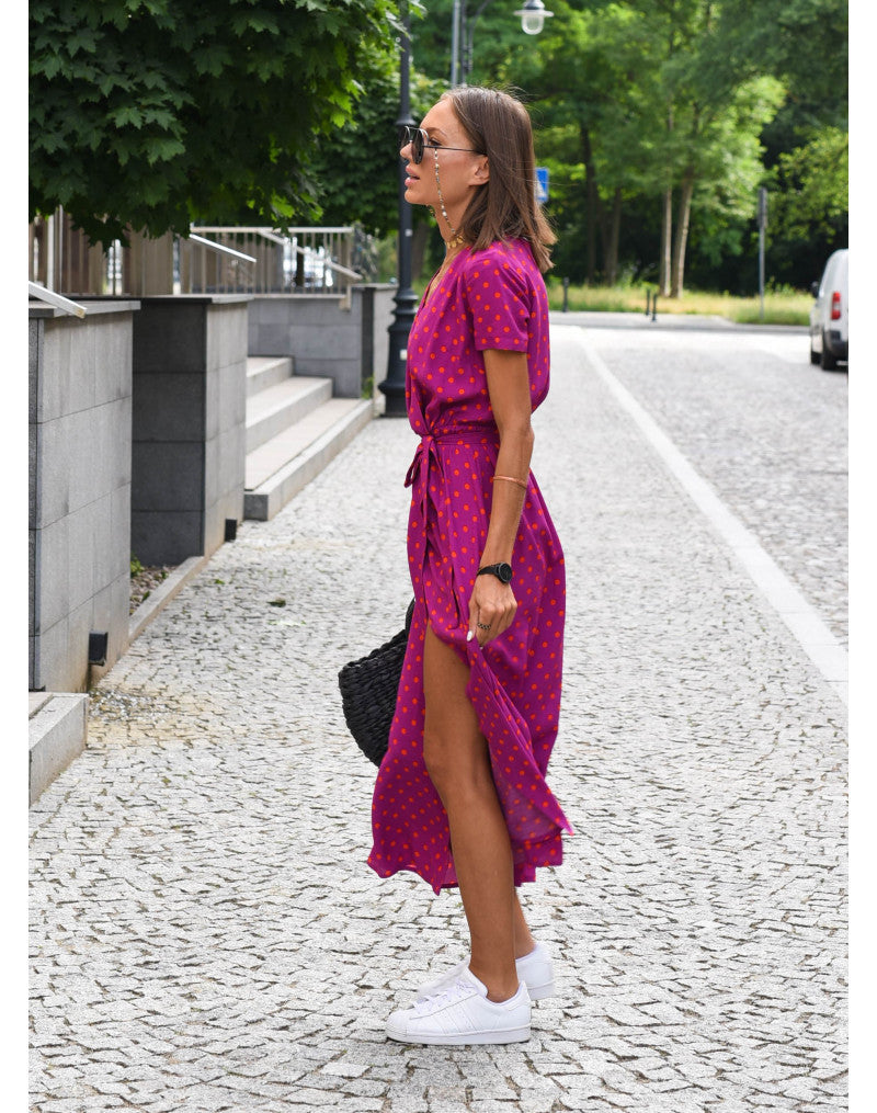 Light Floral Print Summer Dress for Women with Waistband and Split
