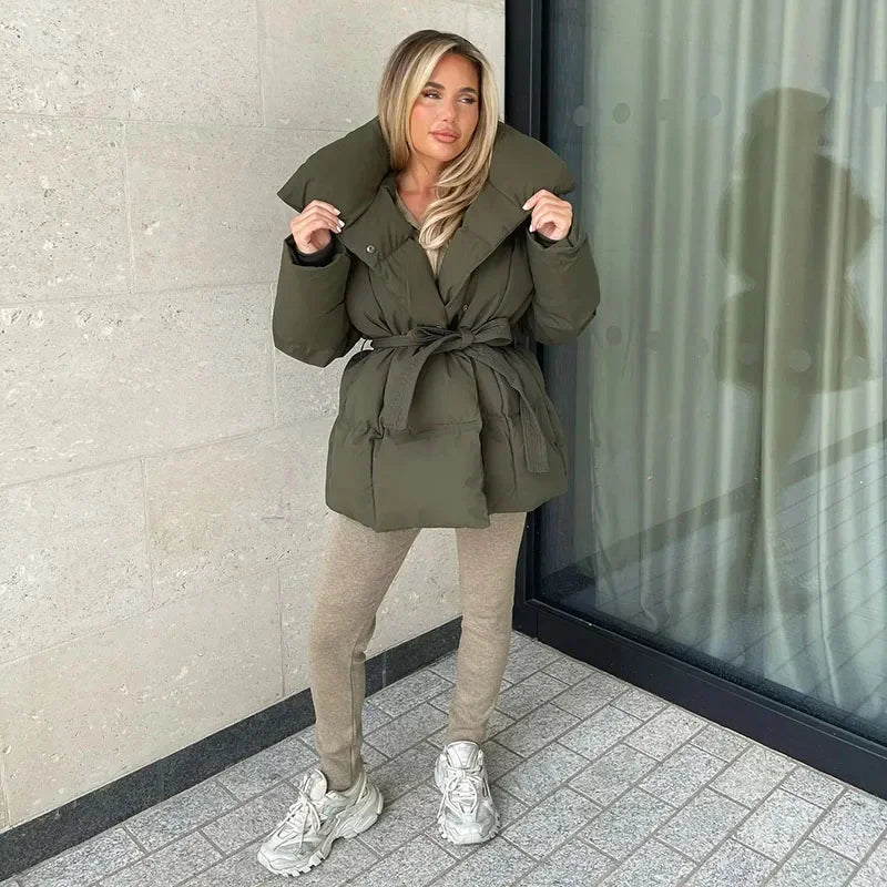 Stand with Ladies Padded Winter Jacket with Belt and Up Collar with Warm and Stylish Design