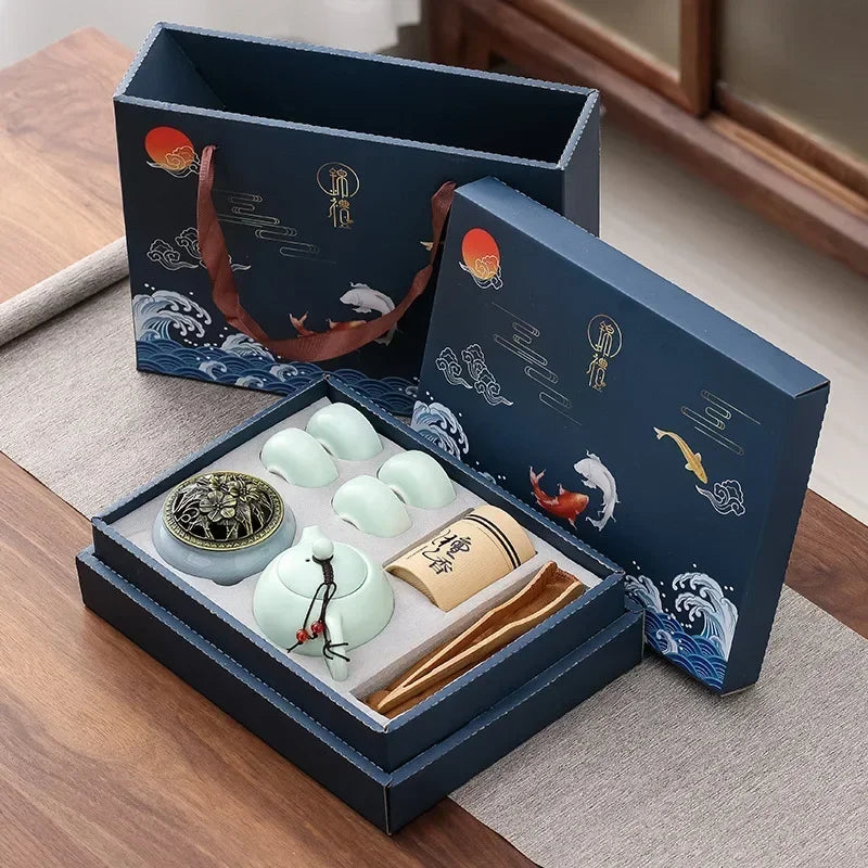 Tea Set with Traditional Ceramic Teapot, Cups, and Incense Holder for Relaxing Tea Moments