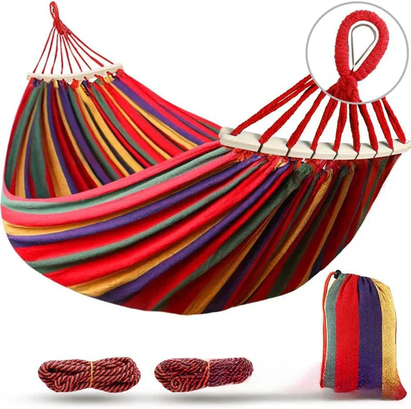 Double Canvas Hammock with Wooden Spreaders for Outdoors