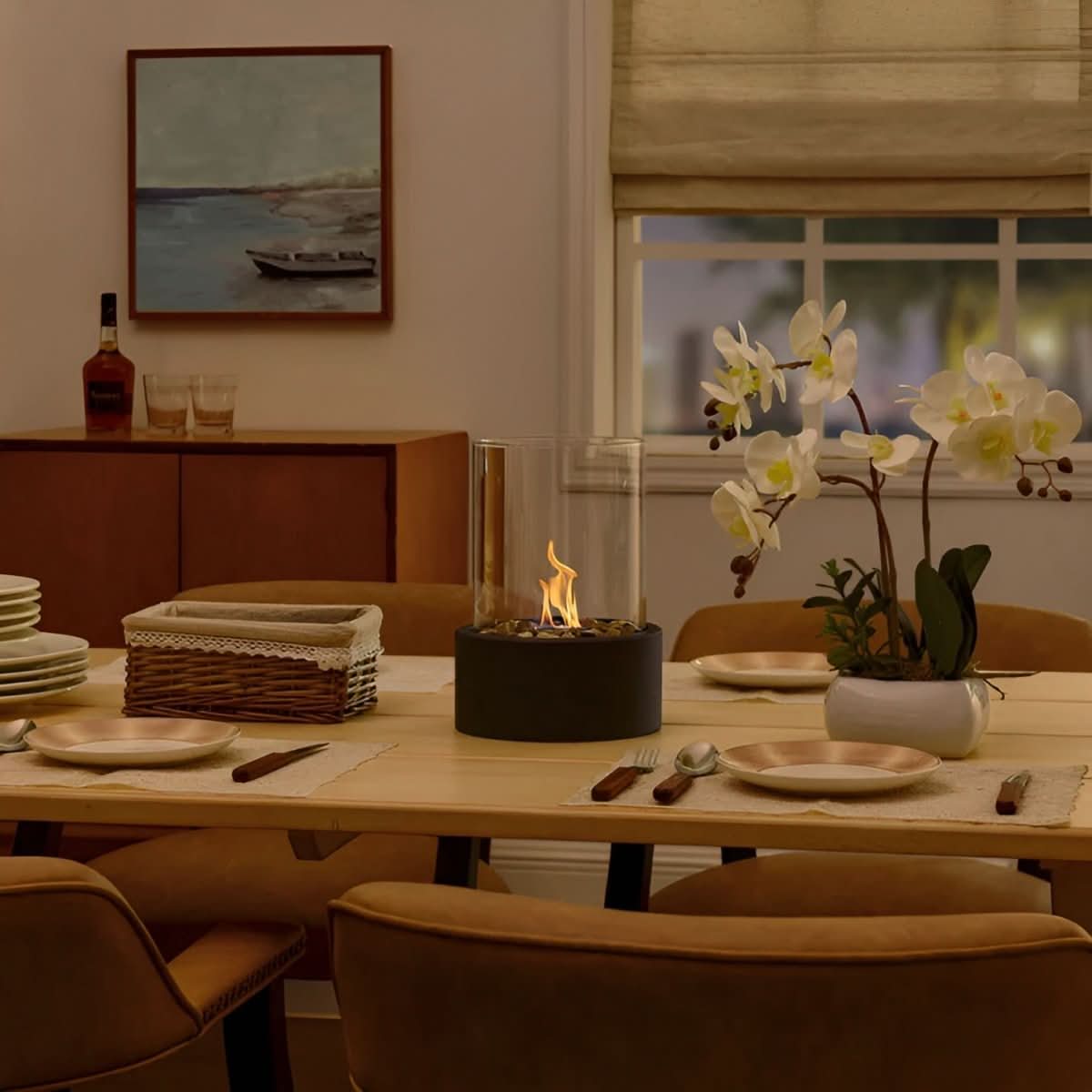 Table with Bioethanol Fireplace with Glass and Metal Base for Indoor and Outdoor Use
