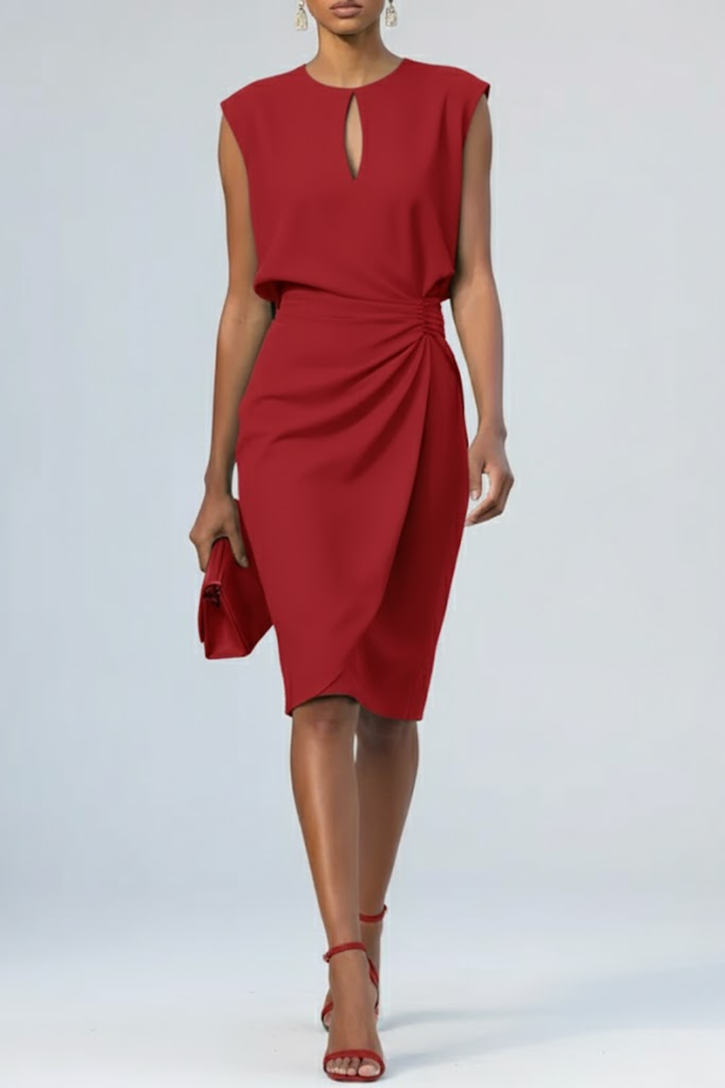 Elegant Midi Dress with Keyhole Neckline and Pleated Waist