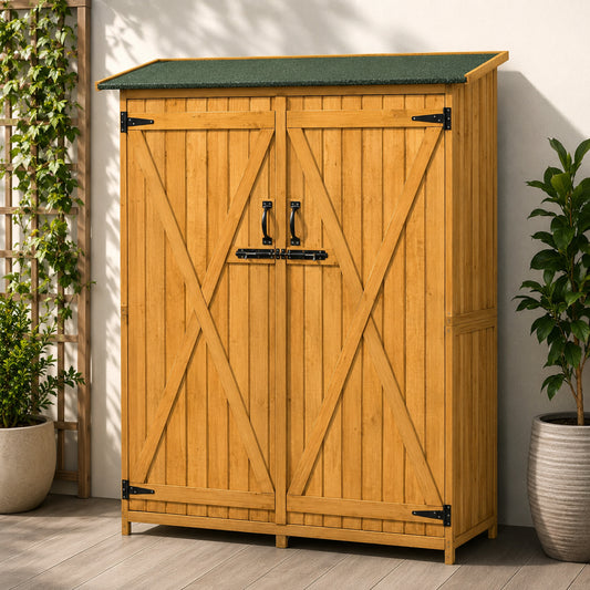 Wooden outdoor storage shed with asphalt roof and lockable double doors