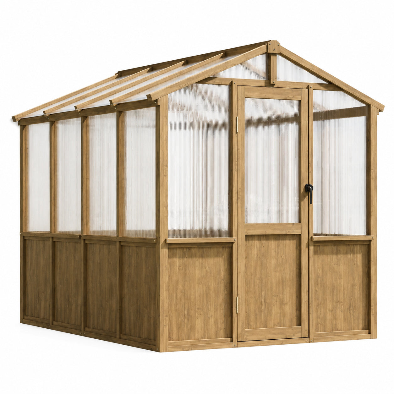 wooden walk-in greenhouse with polycarbonate panels