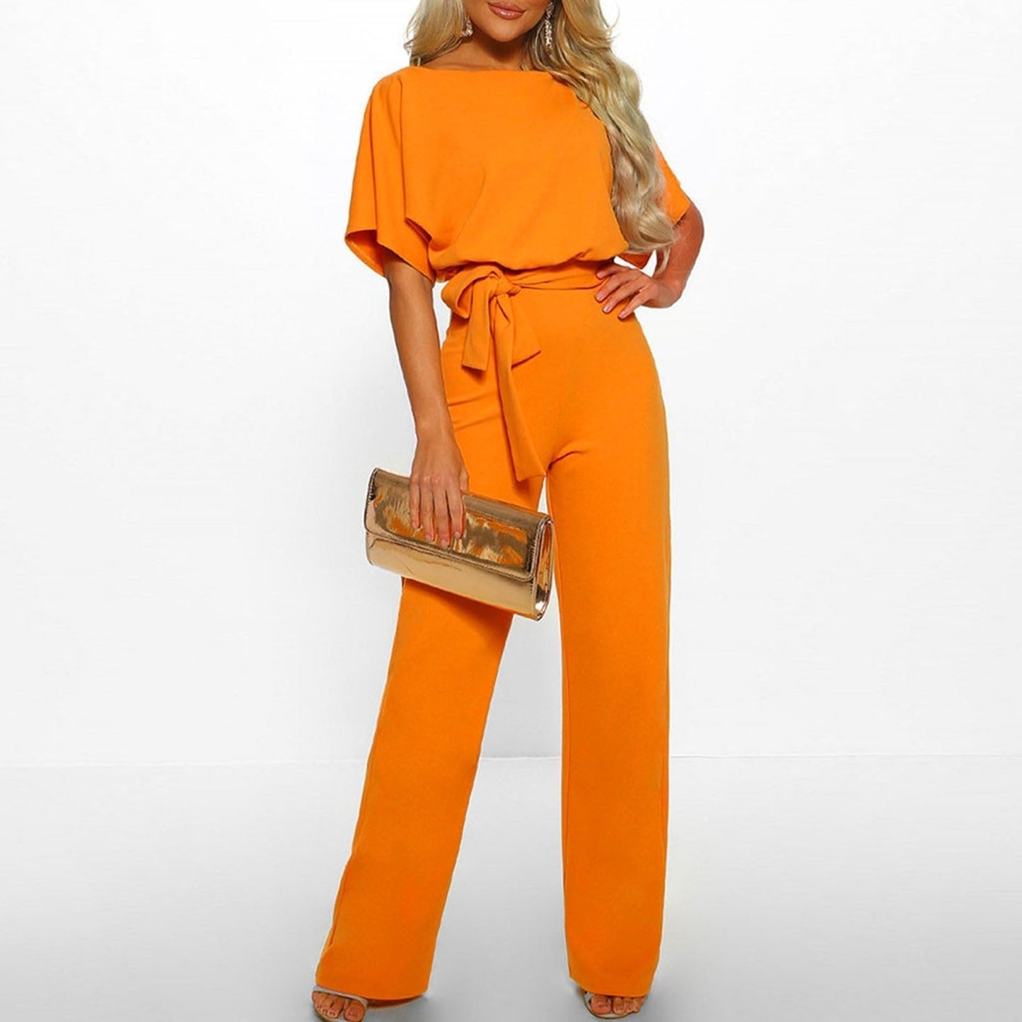 Elegant Ladies' Jumpsuit with Short Sleeves and Waist Belt for Comfortable and Stylish