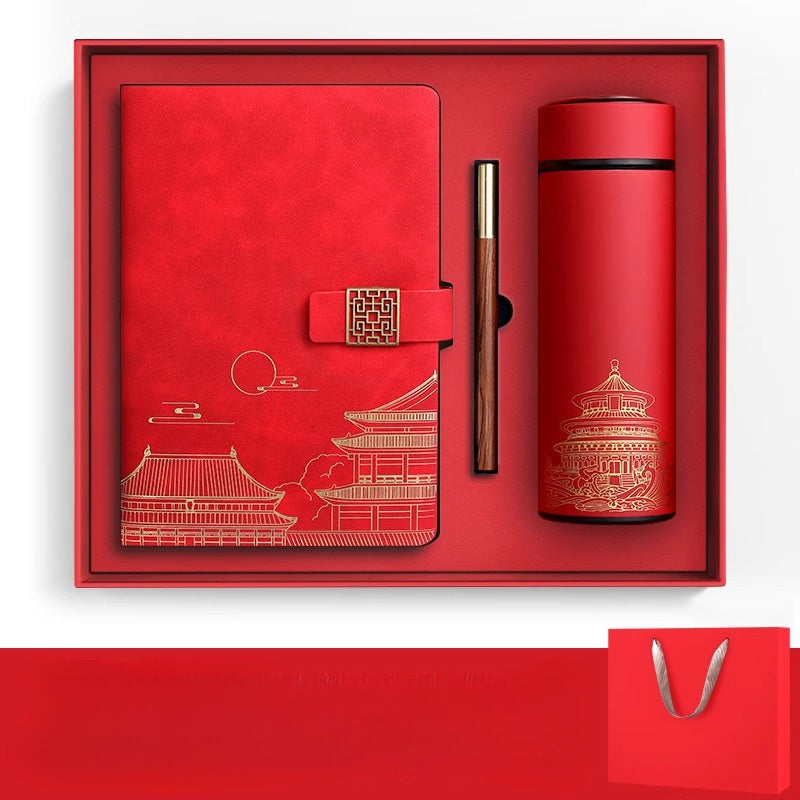 Set with Exclusive Gift Forbidden City for Notebook, Thermos Bottle, and Pen in Box