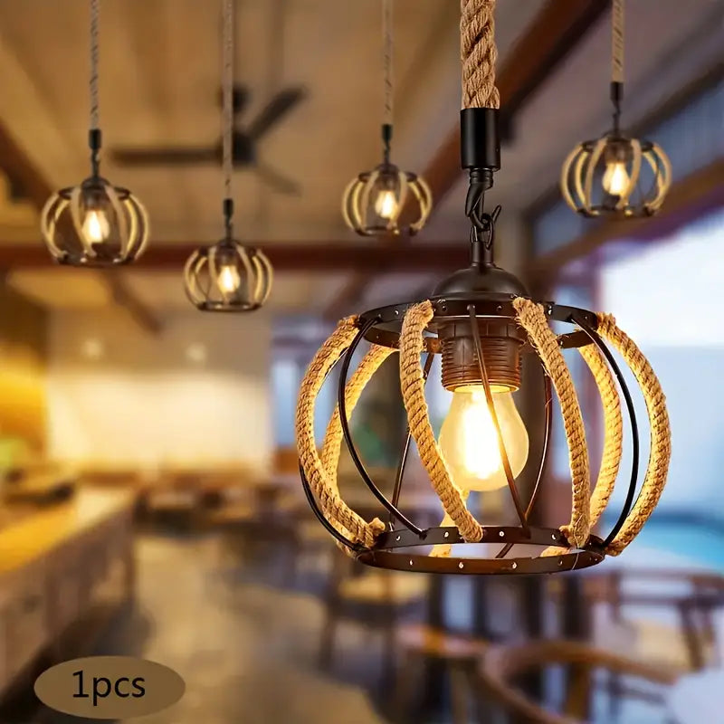 Industrial Pendant Light with Braided Rope and Metal Frame for Interior
