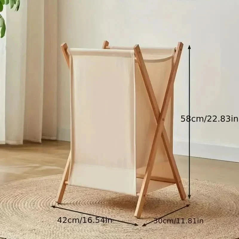 Basket with Foldable Wooden Laundry Fabric Bag for Stylish Laundry Storage