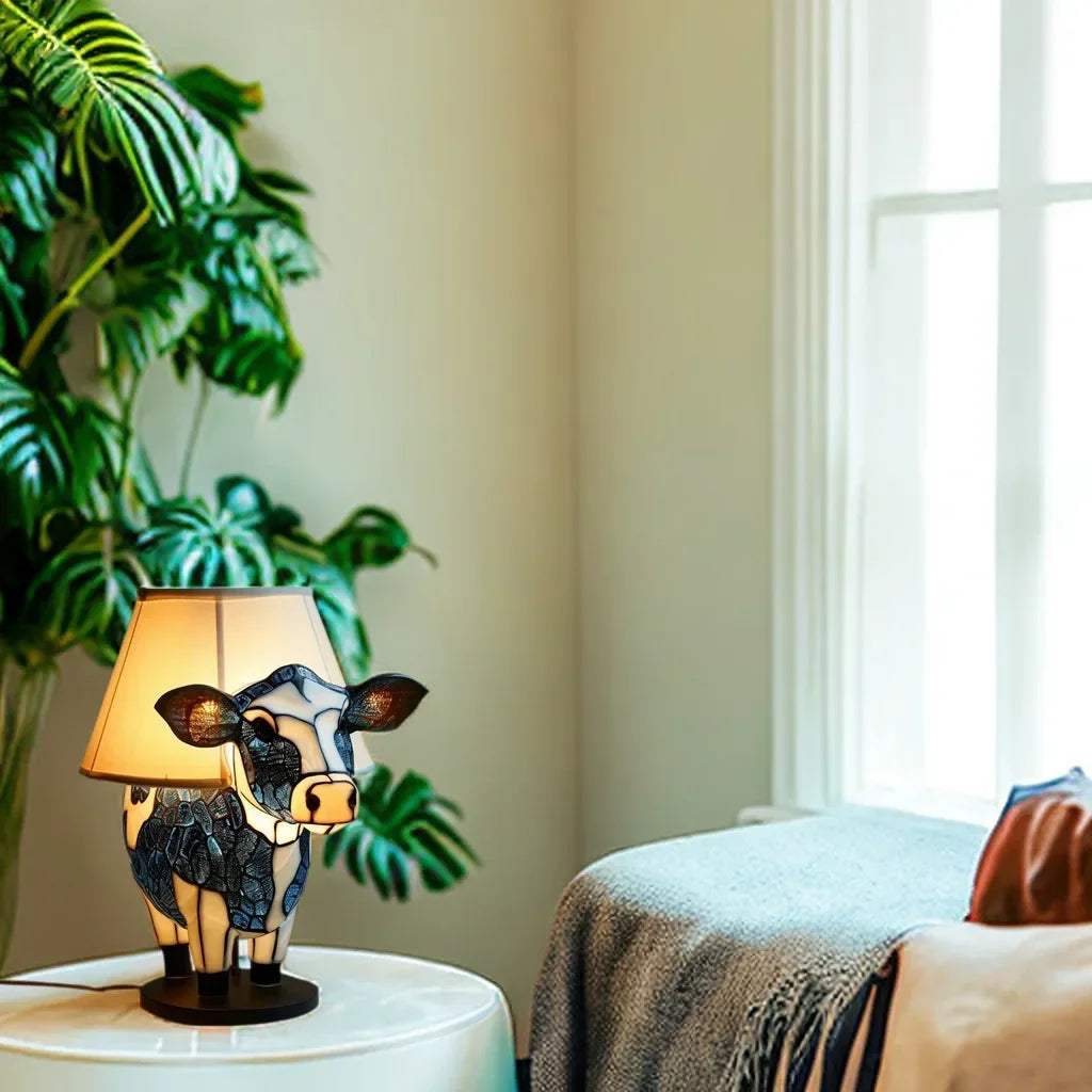 Table Lamp with Tiffany Style Cow Warm Light and Artistic Design for a Cosy Interior