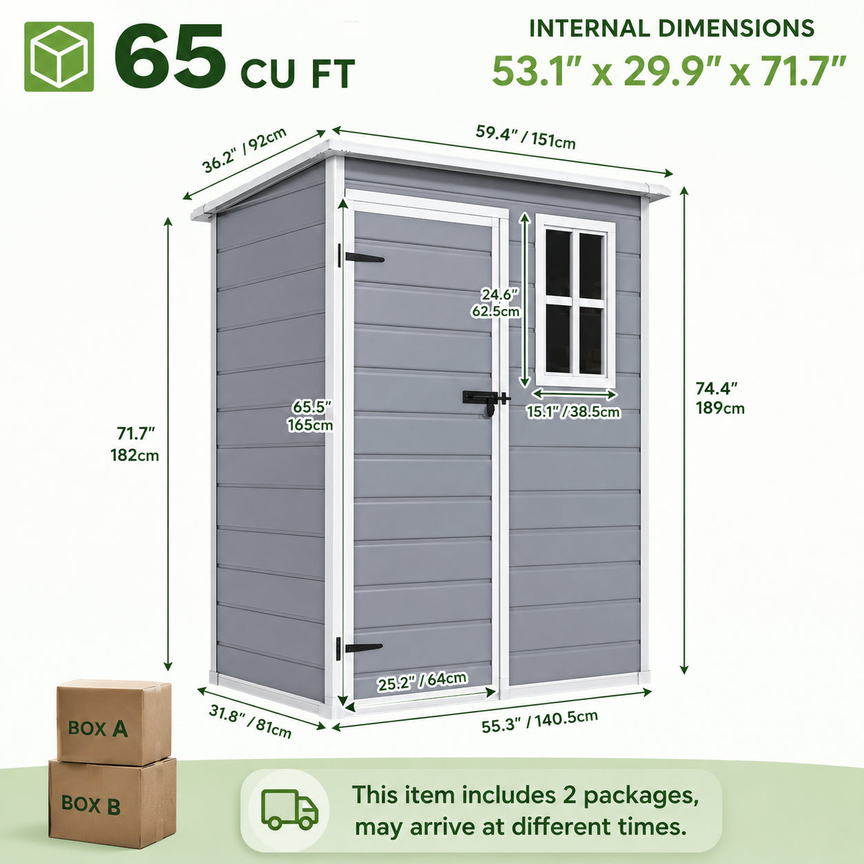 Dimensions and storage capacity of 5x3 FT outdoor resin storage shed