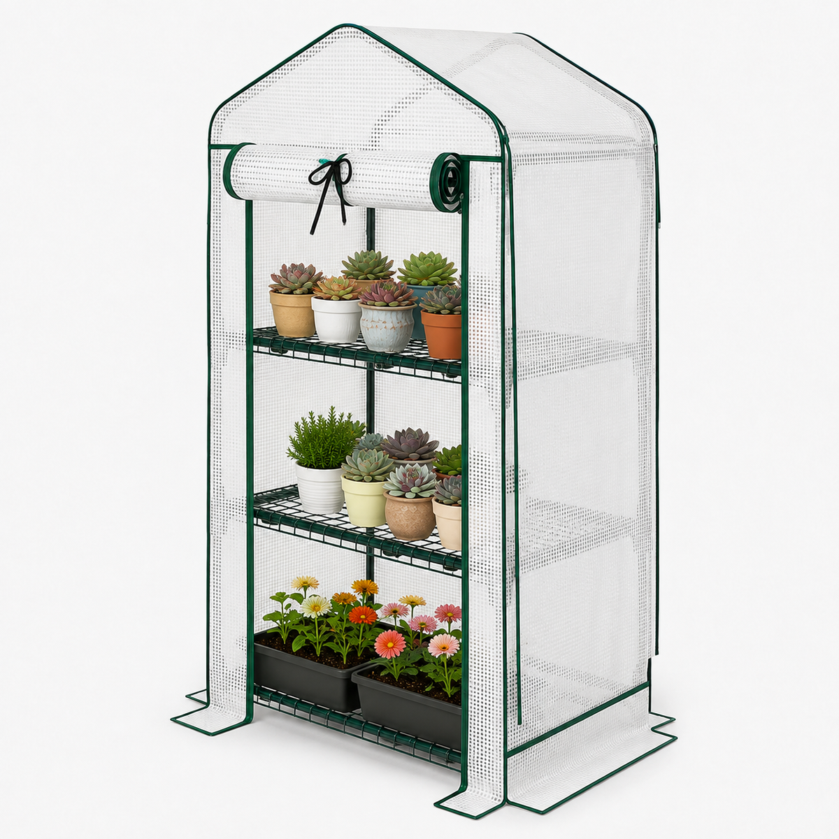 Compact 3-tier greenhouse with steel frame, PE cover and plant shelves