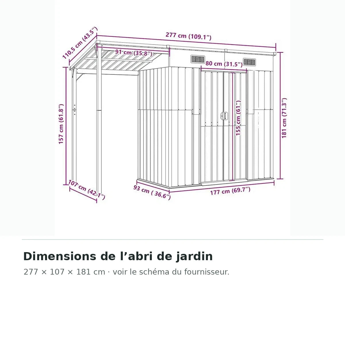 Abri de jardin métal 277 × 107 × 181 cm avec auvent – dimensions en cm