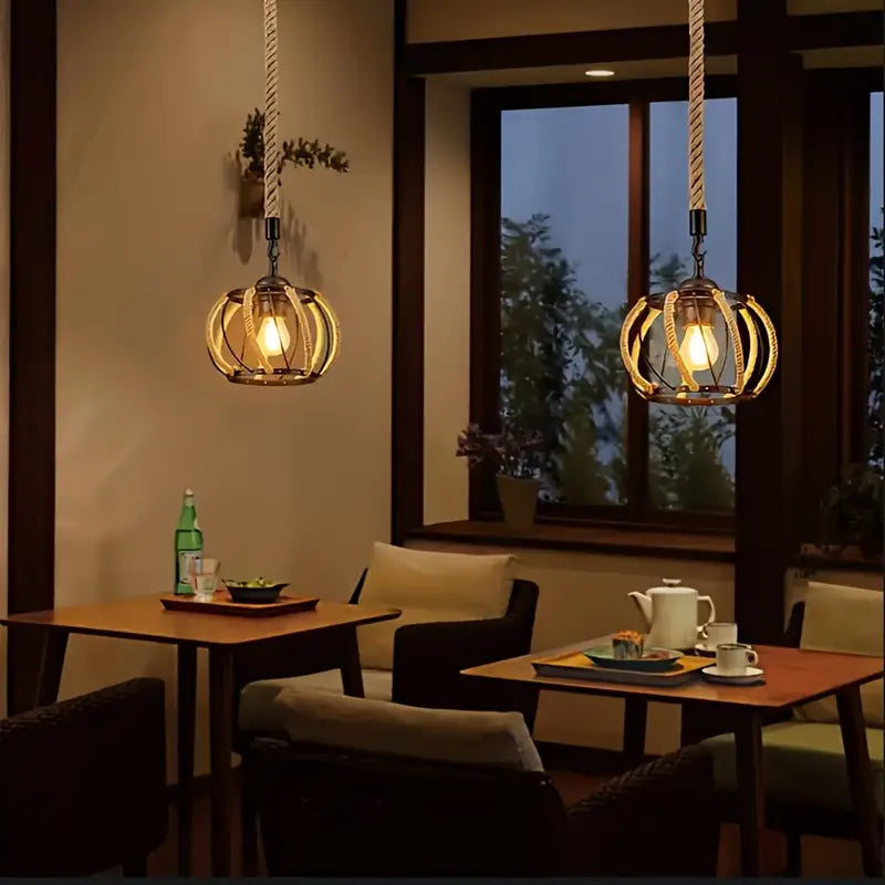 Industrial Pendant Light with Braided Rope and Metal Frame for Interior
