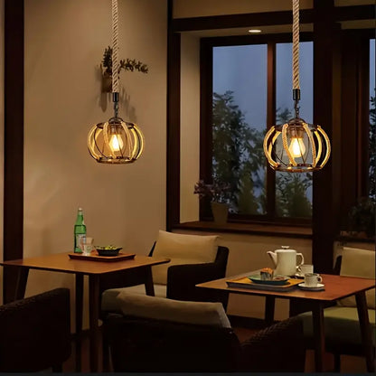 Industrial Pendant Light with Braided Rope and Metal Frame for Interior