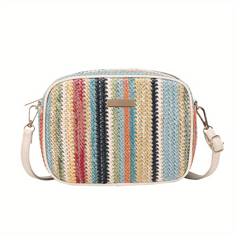 Bag with Shoulder Women Striped Woven Design with Zip Closure