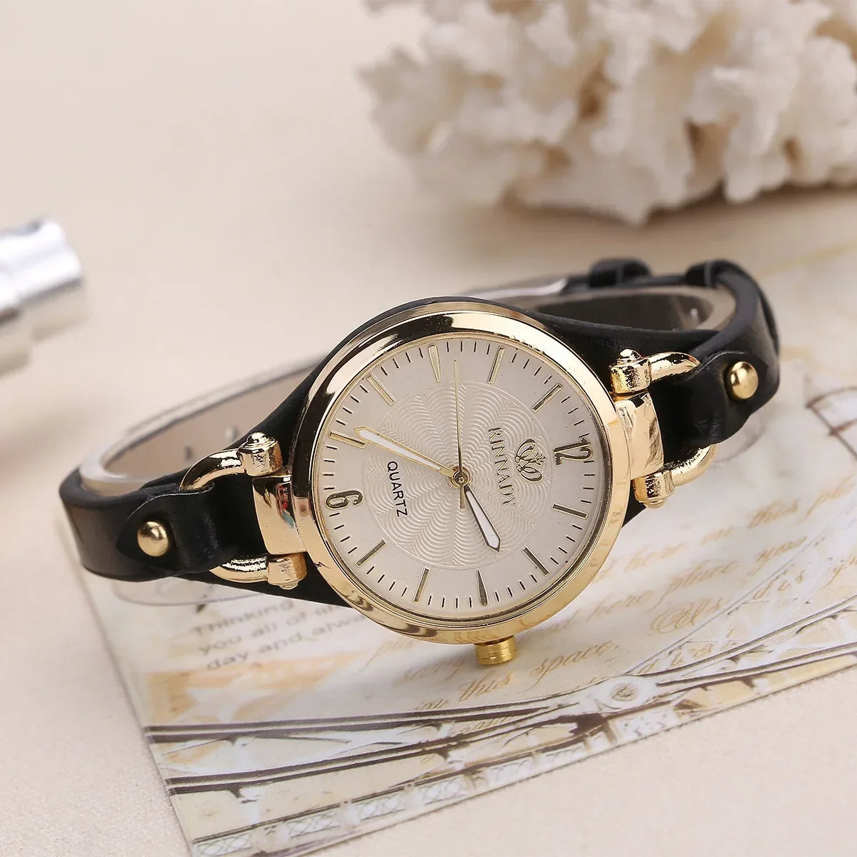 Watch with Ladies' Quartz Engraved Dial and Vegan Leather Strap