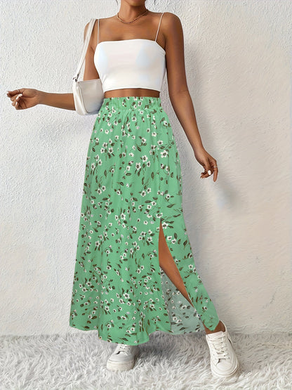 Elegant Summer Maxi Skirt with Floral Print and Airy Split for Women