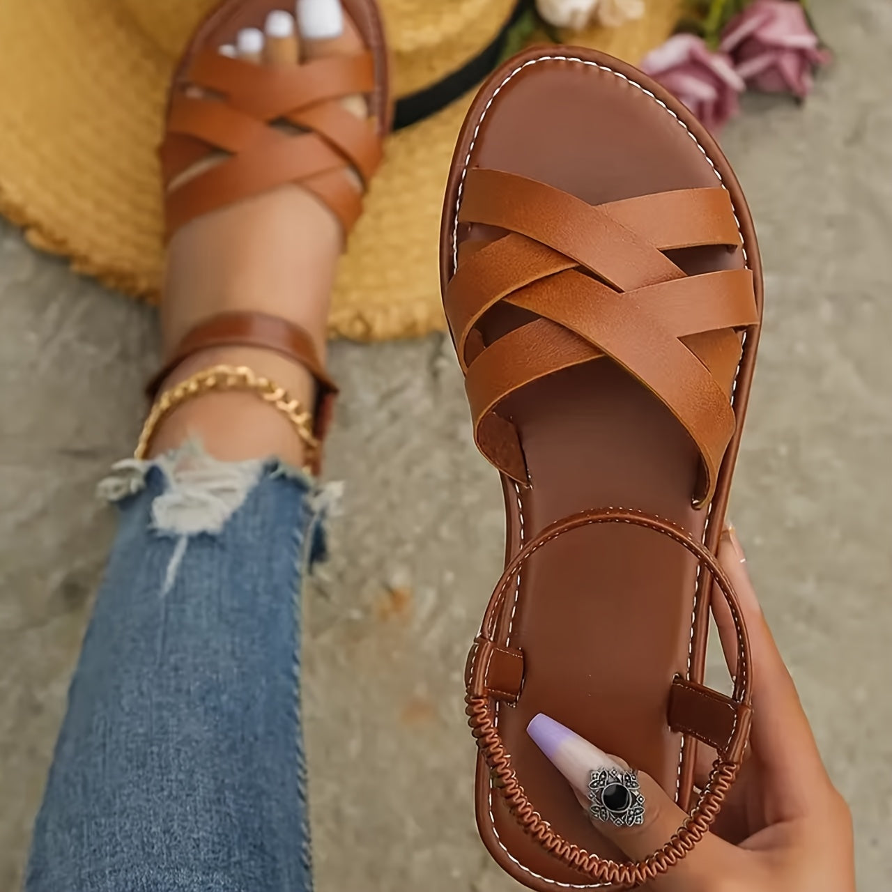 Sandals with Elegant Ladies' Crossed Straps and Comfortable Flat Sole