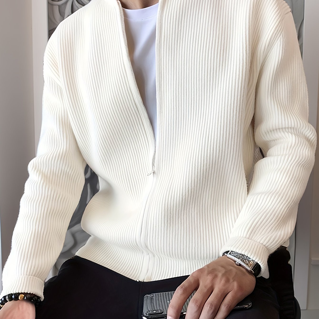 Men's Ribbed Zip-Up Cardigan for Relaxed Fit for Autumn and Winter