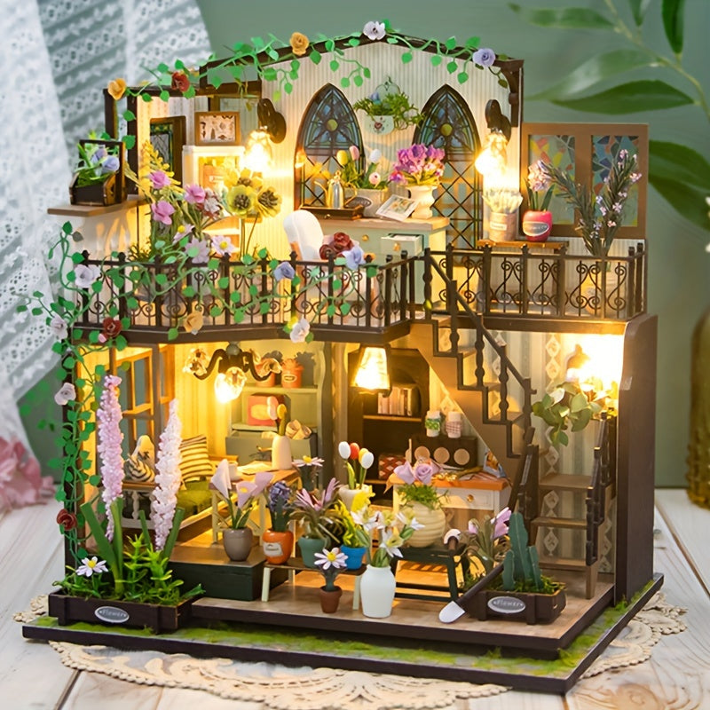 DIY Miniature Greenhouse House with Lighting for Handmade 3D Puzzle for Creative Decoration
