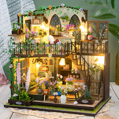 DIY Miniature Greenhouse House with Lighting for Handmade 3D Puzzle for Creative Decoration
