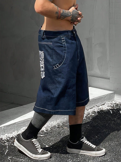 Casual Bermuda Denim Shorts for Loose Fit with Stylish Floral Embroidery