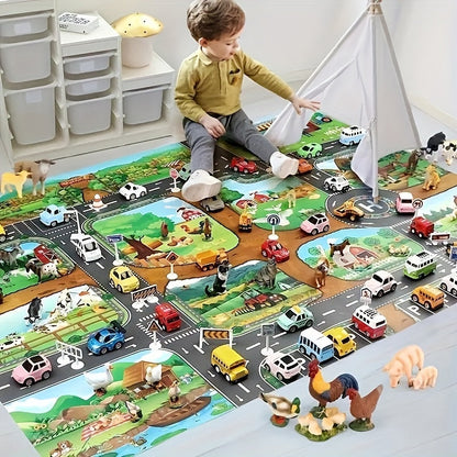 Mat with Interactive Play Adventure for Explore Farm and Traffic with Toys