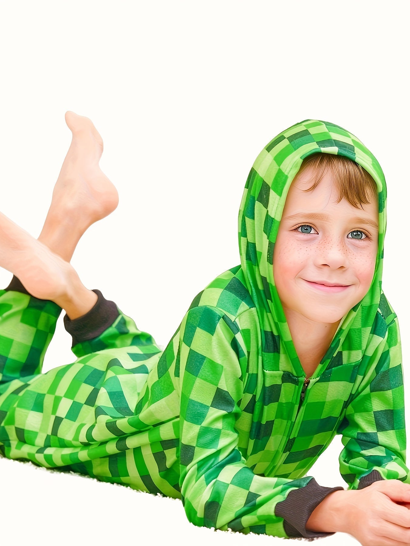 Minecraft Inspired Green Checkered Onesie for Kids for Perfect for Halloween and Parties