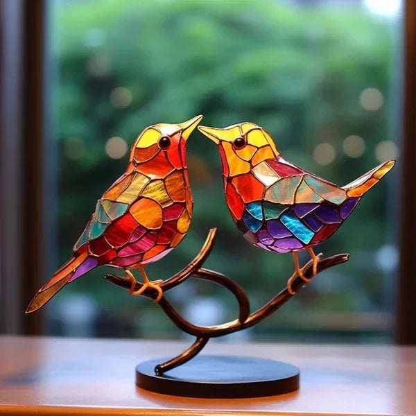 Table with Modern Bird Sculpture with Coloured Glass and Decorative Art Design