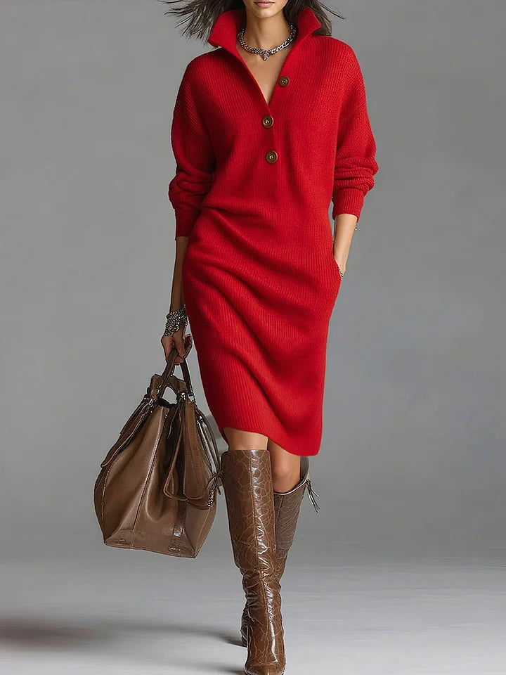 Ladies' Midi Dress with Buttons and Ribbed Texture