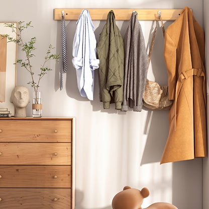 Hooks Bamboo Wall Coat Rack with Metal for Space-Saving Coat Rack Without Drilling