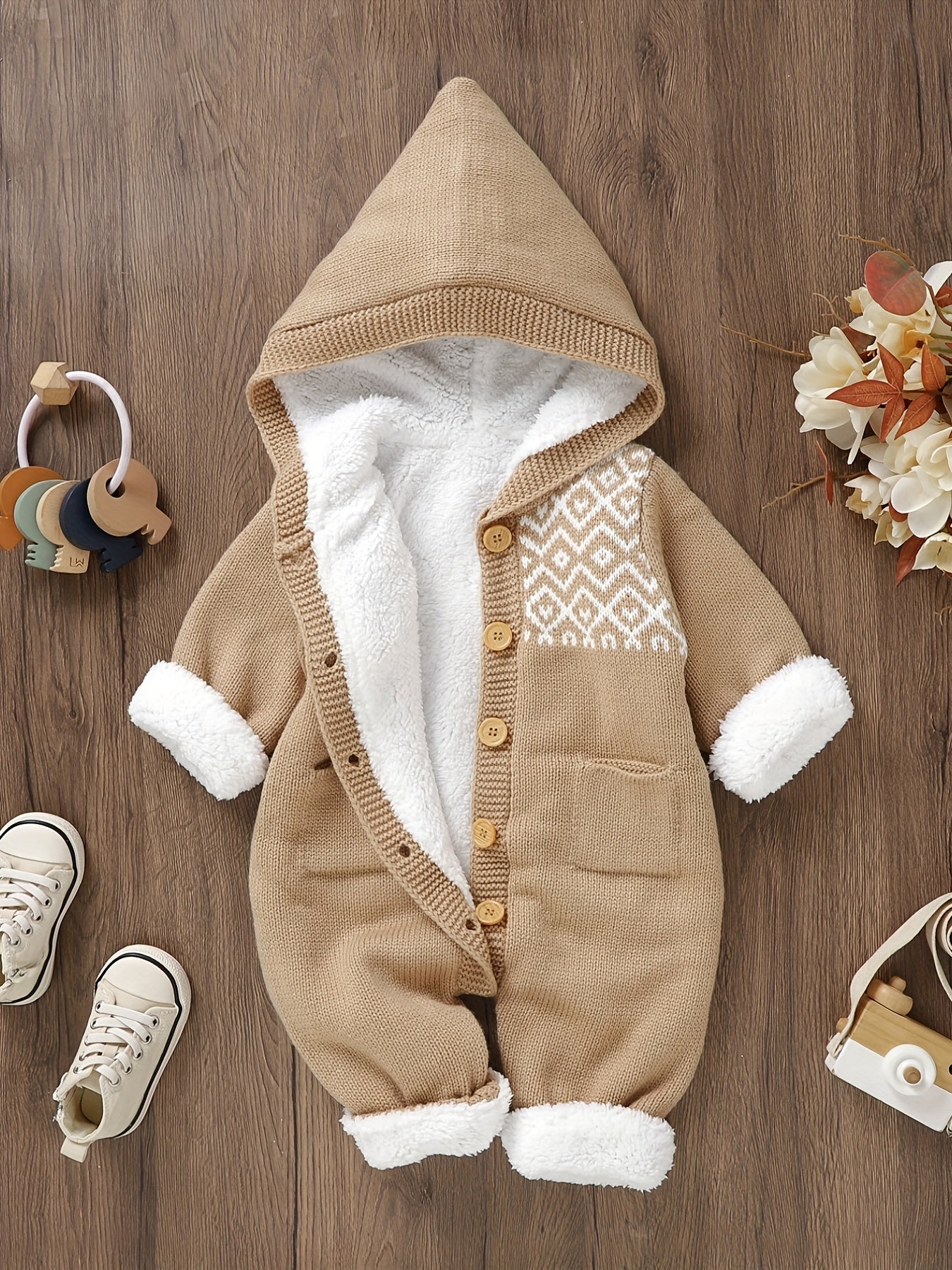 Baby Knitted Jumpsuit with Hood for Warm and Comfortable