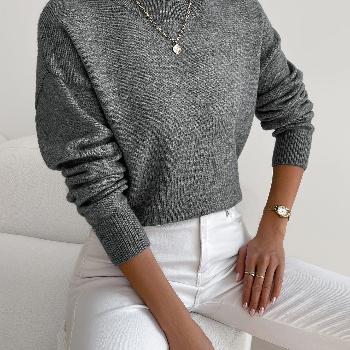 Ladies' Knitted Jumper with a High Neck and Long Sleeves for Autumn Winter