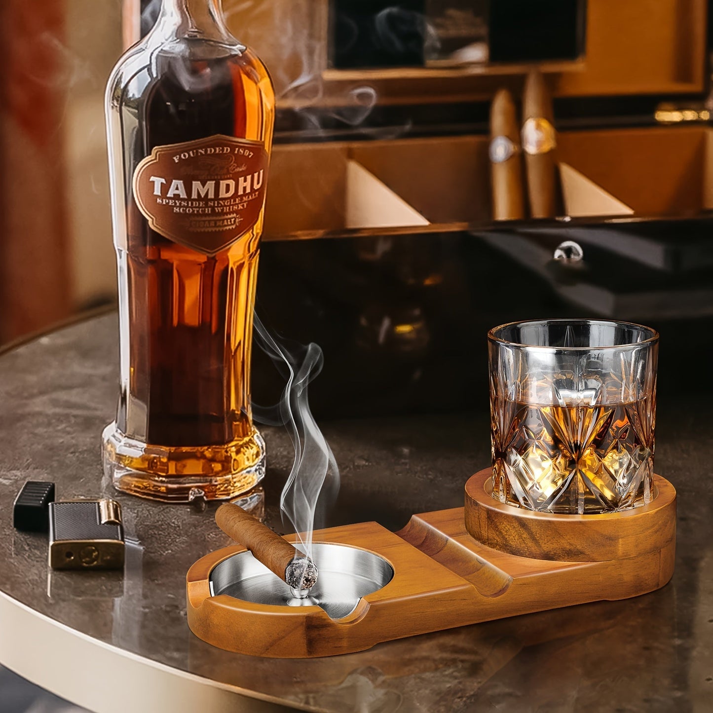 Whiskey Glass with Creative Cigar Ashtray and Tray